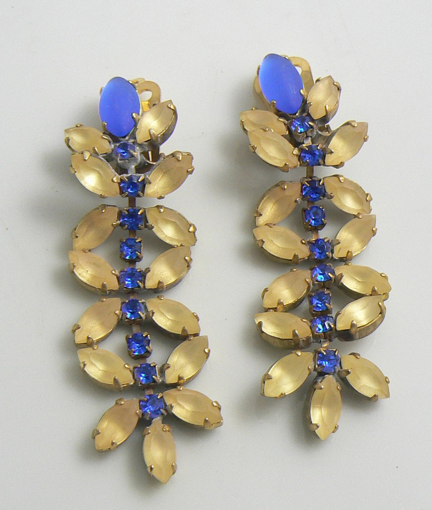 Czech Glass Gold Blue Rhinestone Dangle Clip Earrings