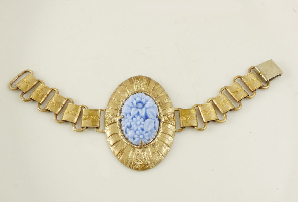 Antique Baby Blue Molded Glass Ornate Book Chain Bracelet - Vintage Lane Jewelry