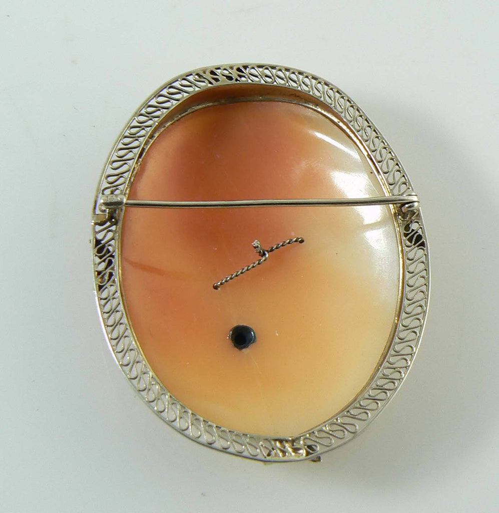 Vintage 14K White Gold Filigree Carved Shell Cameo Miners Cut Diamond Habille Brooch - Vintage Lane Jewelry