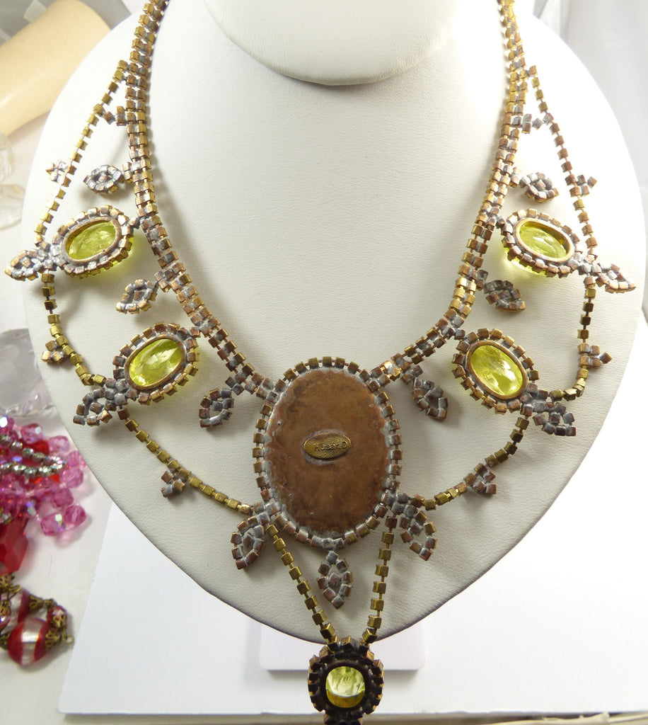 Cameo Czech Husar D Vaseline Uranium Glass Statement Necklace - Vintage Lane Jewelry