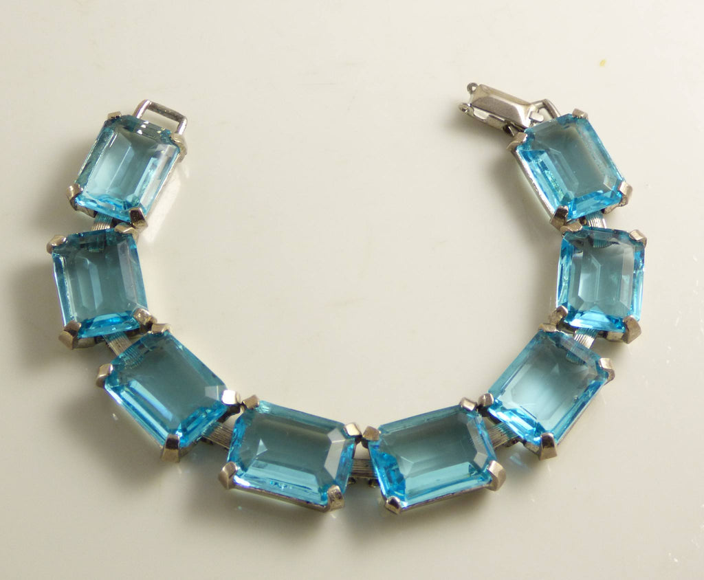 Vintage Judy Lee large aqua blue glass open back rhinestone bracelet
