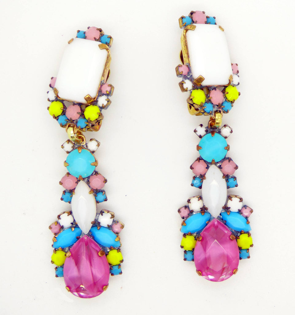 Czech Glass Opaque Pastel Colors Dangling Clip Earrings