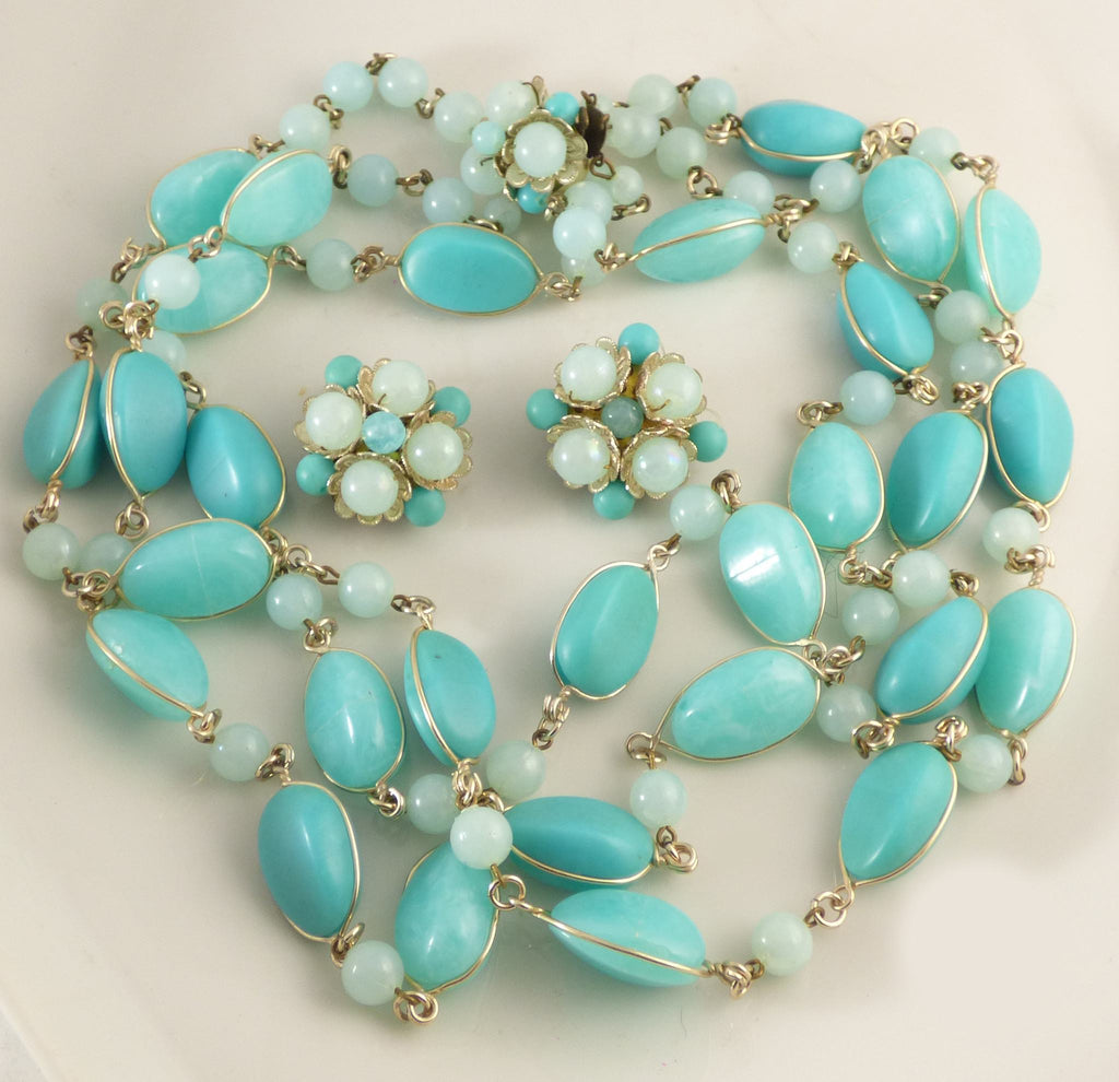 Vintage Western Germany 3 Strand Turquoise Plastic Bead Necklace and Clip Earrings