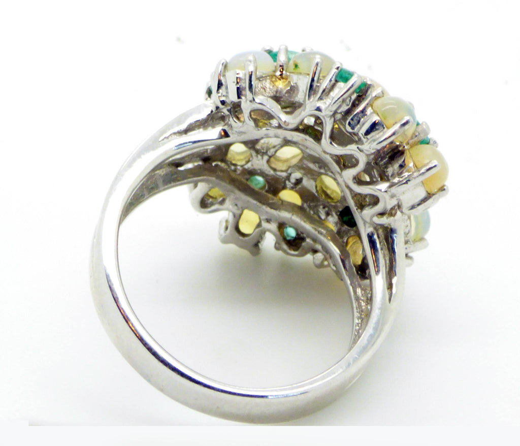 Rainbow Fire Opal and Natural Emerald 14K white gold over sterling silver ring, Cluster Ring - Vintage Lane Jewelry