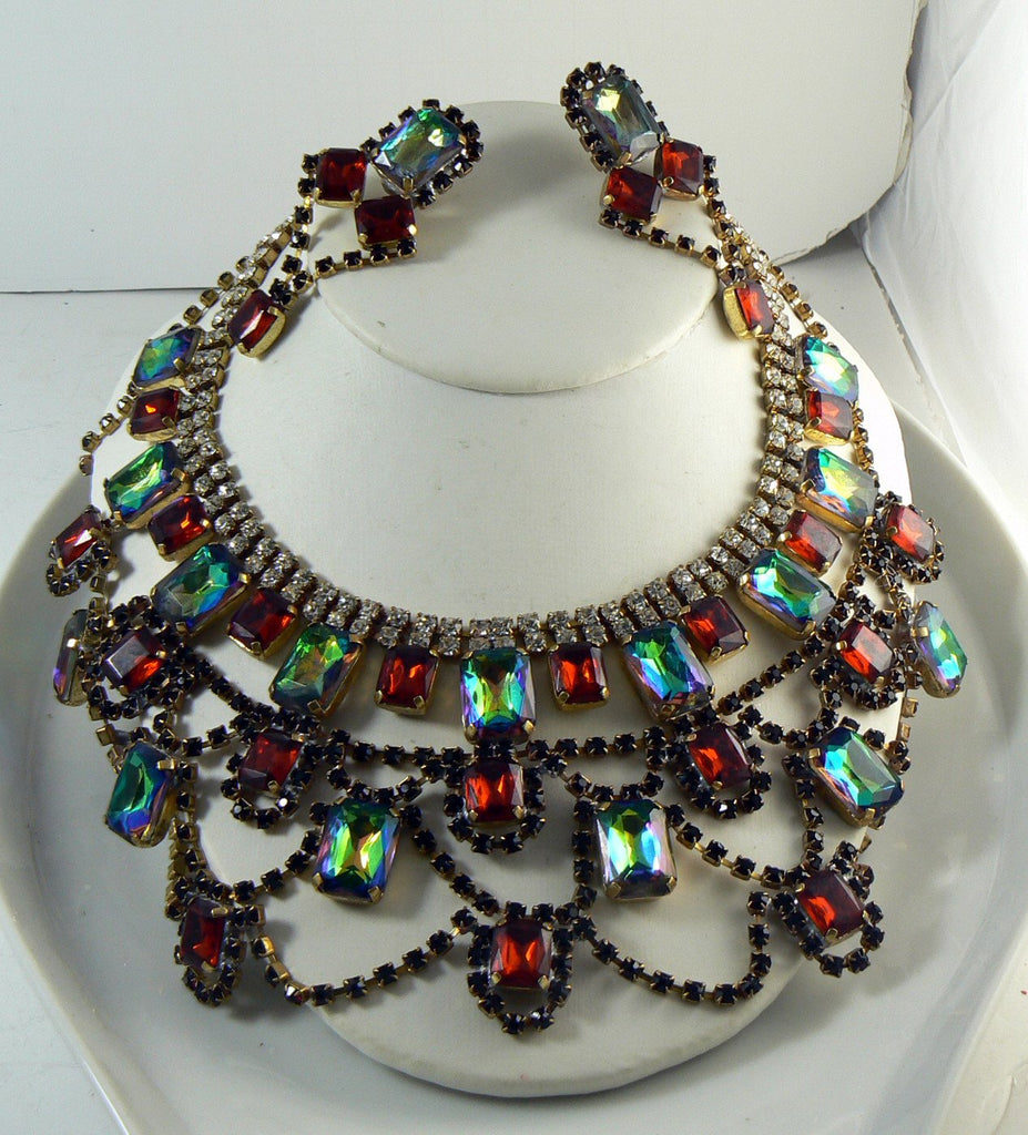 Amber, Red and Watermelon Heliotrope Czech Glass Rhinestone Necklace and Clip Earring Set, Bijoux MG - Vintage Lane Jewelry