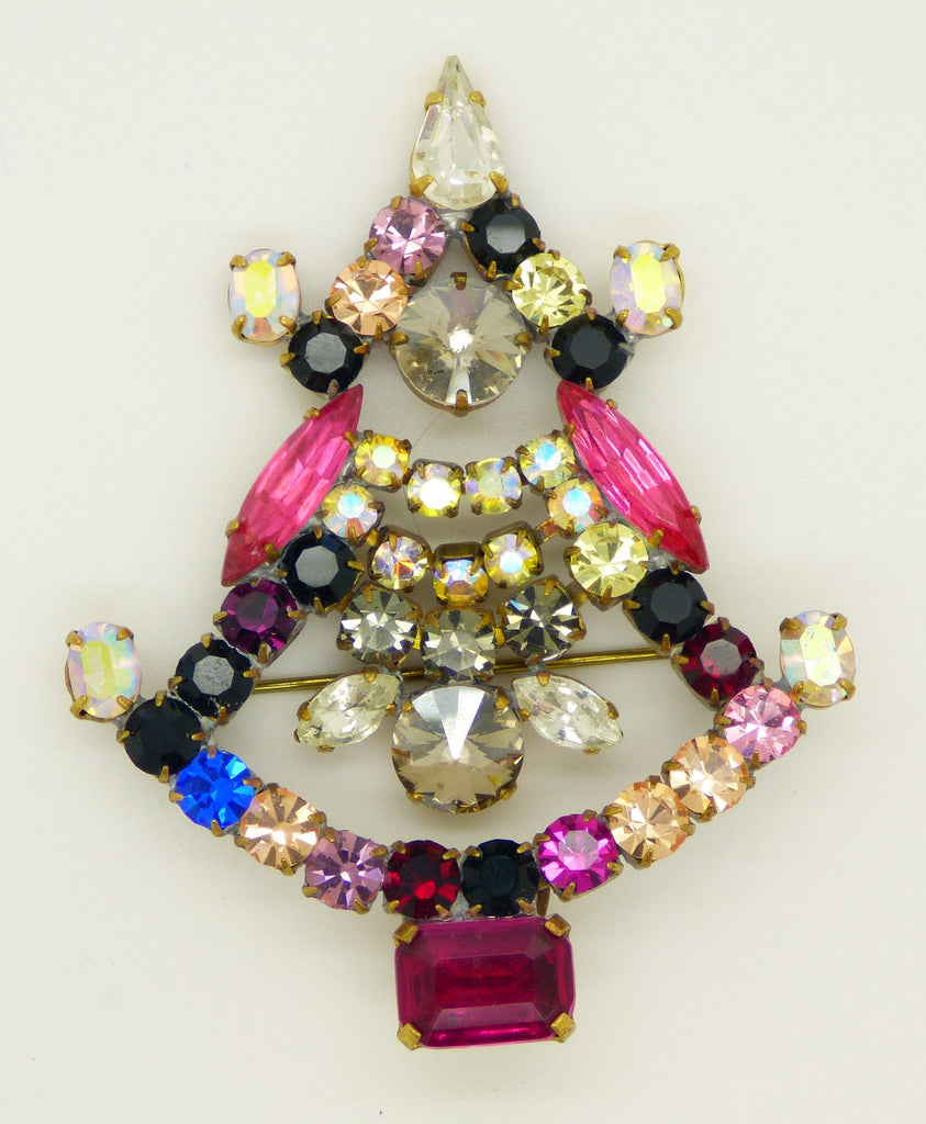 Czech Glass Christmas Tree Pin, Rhinestone Brooch, Bijoux M.G.