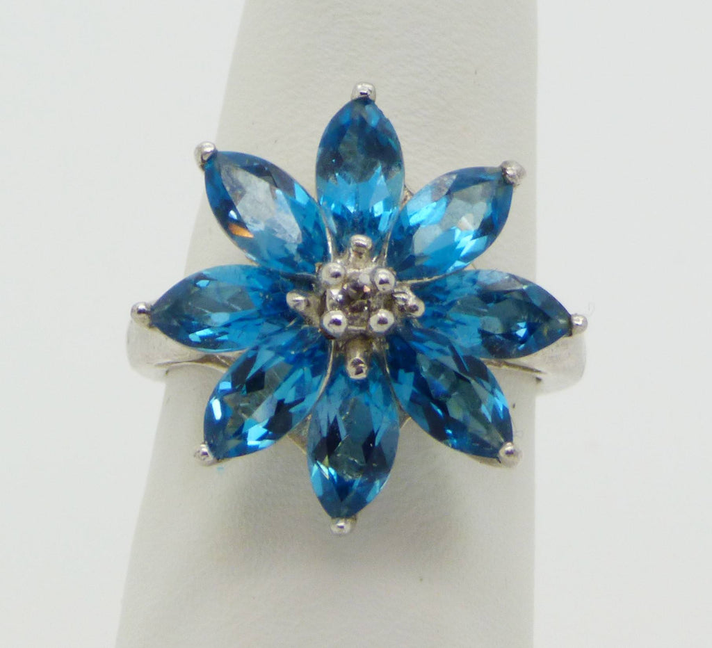 Sterling Silver Genuine Blue White Topaz Marquise Cut Flower Ring