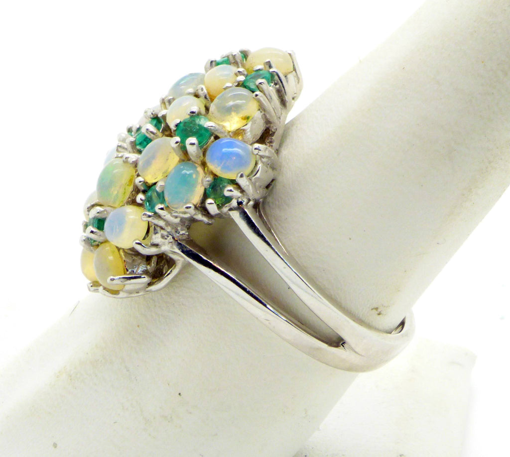 Rainbow Fire Opal and Natural Emerald 14K white gold over sterling silver ring, Cluster Ring - Vintage Lane Jewelry
