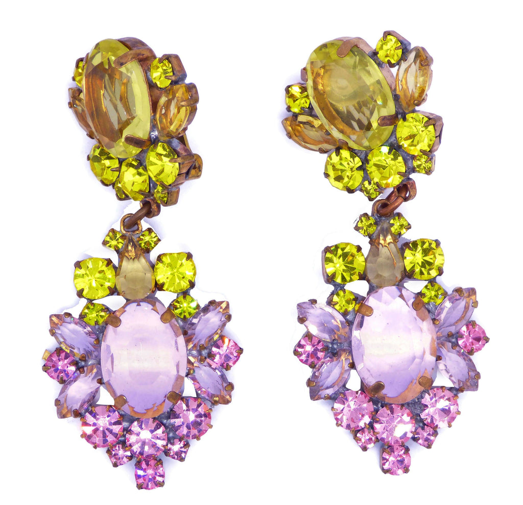 Czech Glass Pink and Yellow Clip Earrings
