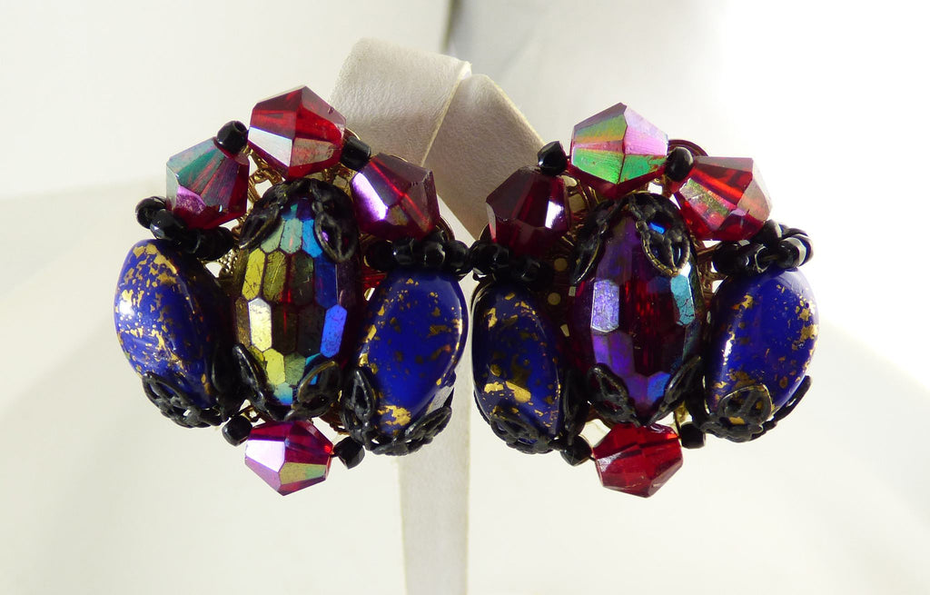 Vintage Signed Hobe AB Carnival Blue Art Glass Necklace Clip Earring Set - Vintage Lane Jewelry