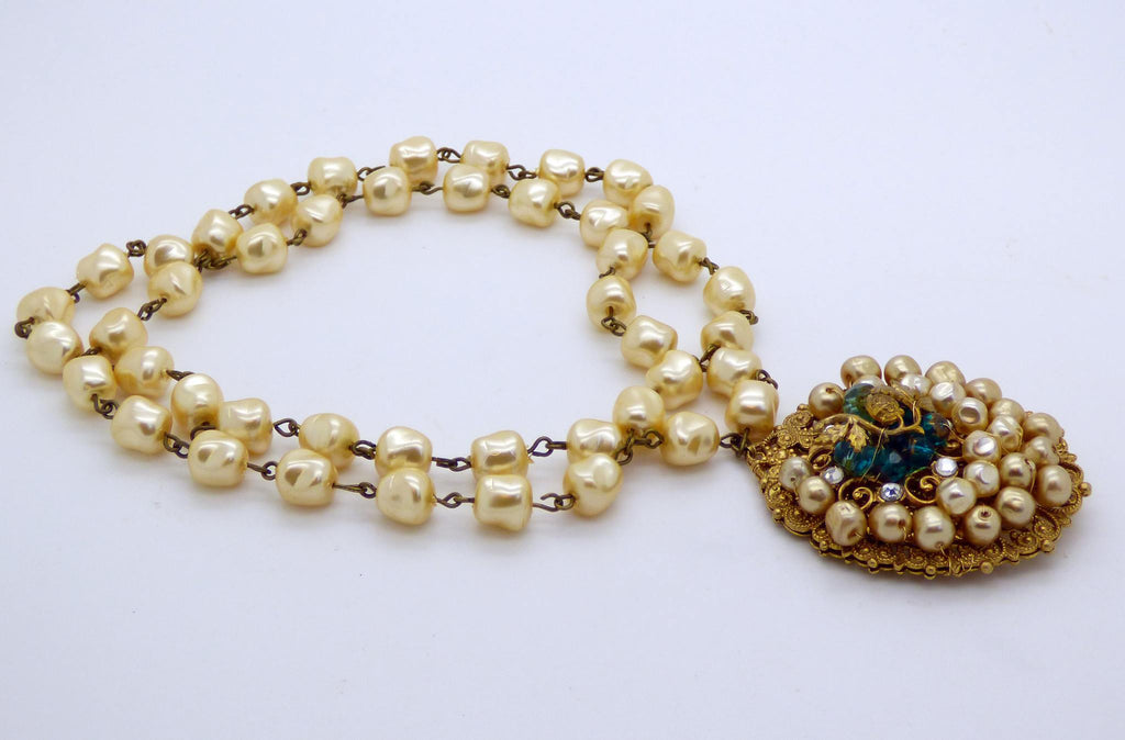 Early Miriam Haskell Baroque Glass Pearl Filigree Pendant Necklace - Vintage Lane Jewelry