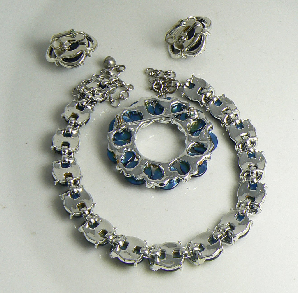 3 Piece Coro Montana Blue Moonglow and Clear Rhinestone Necklace Brooch & Earrings - Vintage Lane Jewelry