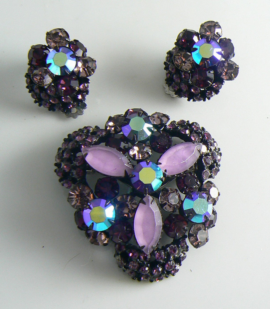 Vintage Plum Rhinestone Japanned Brooch Set