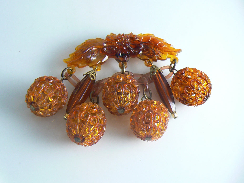Celluloid Dangle Dark Amber Old Estate Brooch