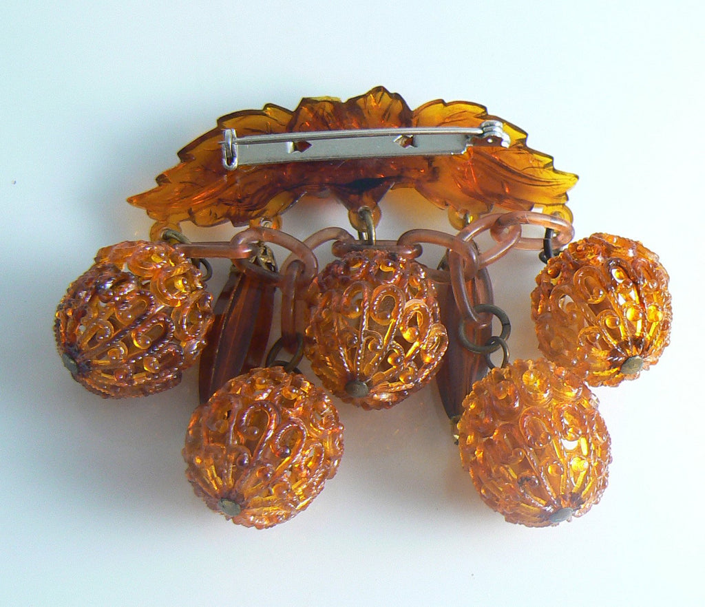 Celluloid Dangle Dark Amber Old Estate Brooch - Vintage Lane Jewelry