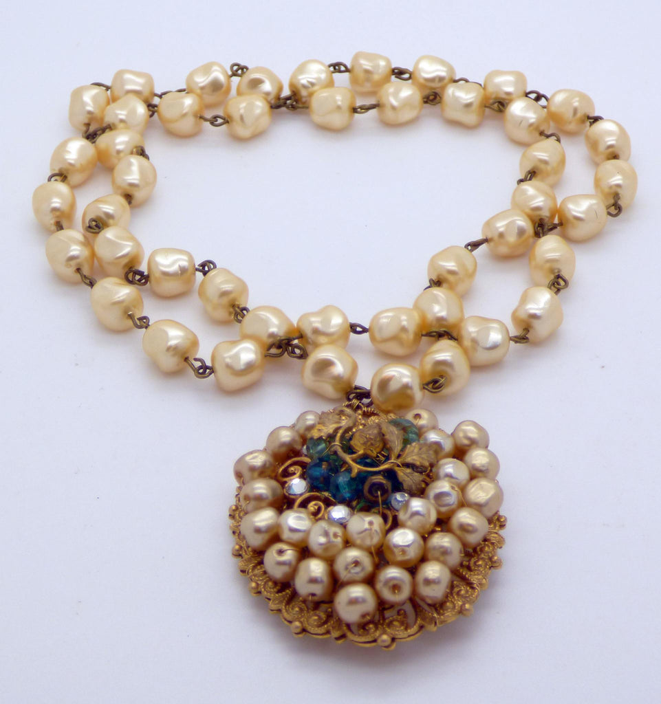 Early Miriam Haskell Baroque Glass Pearl Filigree Pendant Necklace - Vintage Lane Jewelry