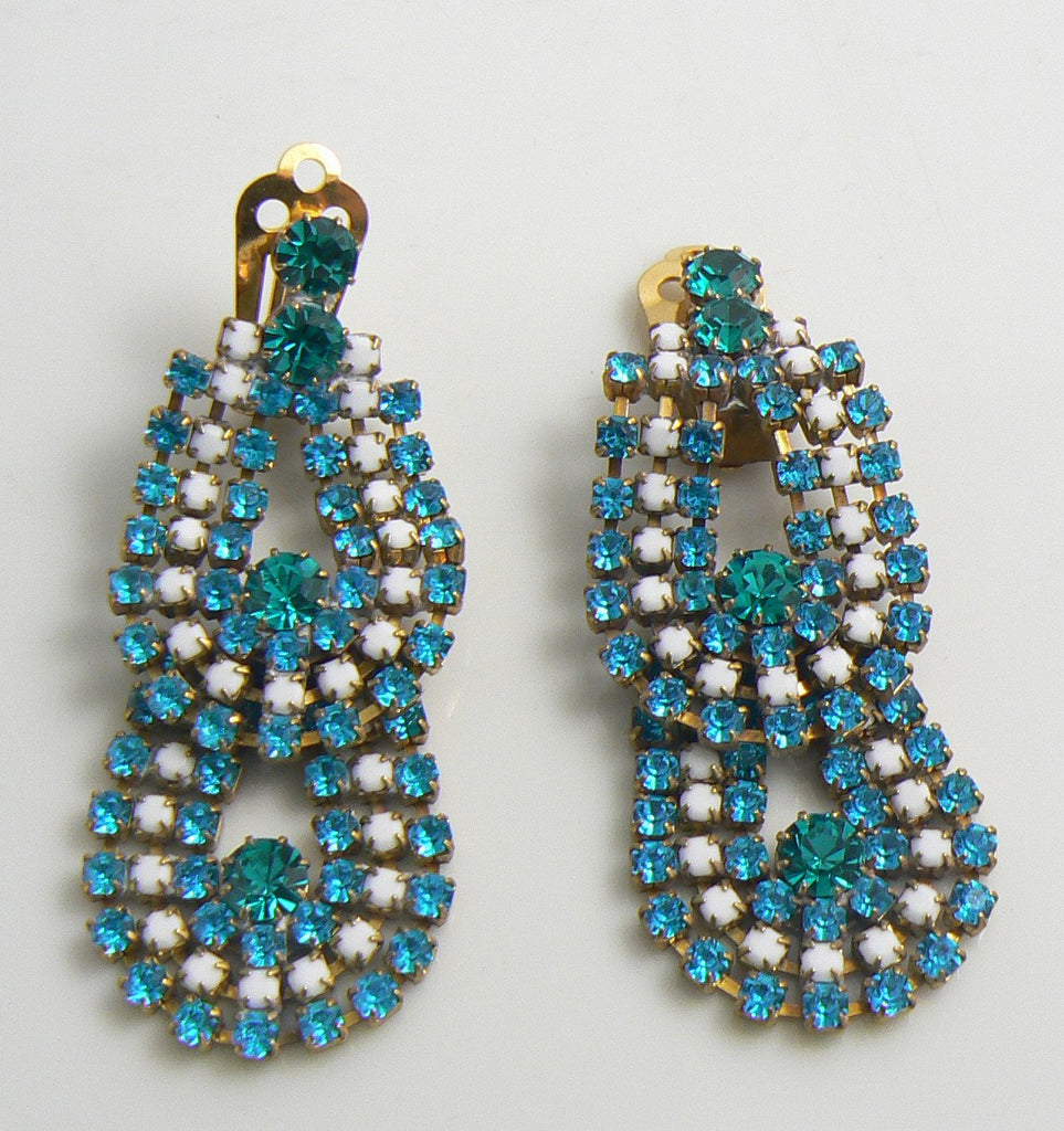 Czech Glass Blue White Rhinestone Dangle Clip Earrings