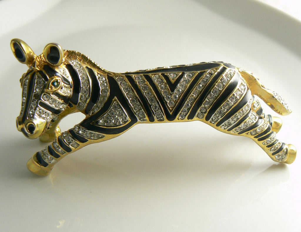 Massive Black Enamel Ice Rhinestone Striped Zebra Shoulder Pin