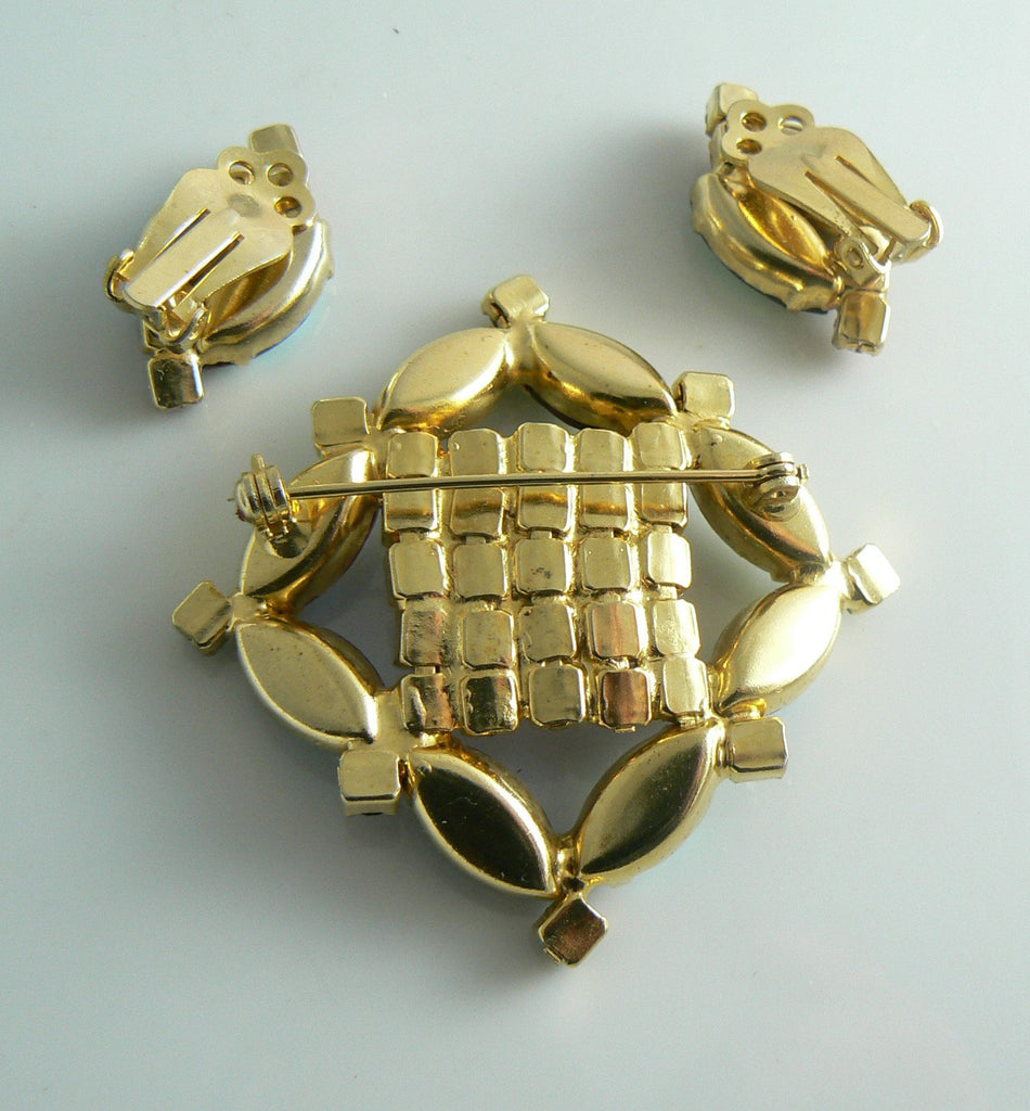 Pink, Red And Aurora Borealis Rhinestone Vintage Brooch Earring Set - Vintage Lane Jewelry