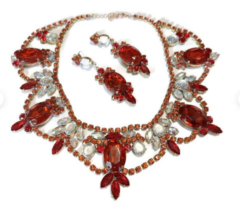 Judy Lee Enamel And Faux Pearl Red Flower Demi Parure