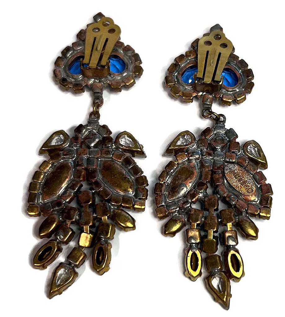 Czech Glass Husar D Blue Dangling Rhinestone Earrings - Vintage Lane Jewelry