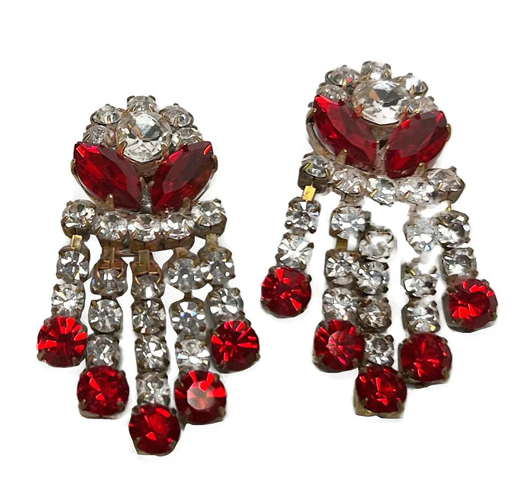 Czech Glass Husar D Red and Clear Clip Earrings - Vintage Lane Jewelry