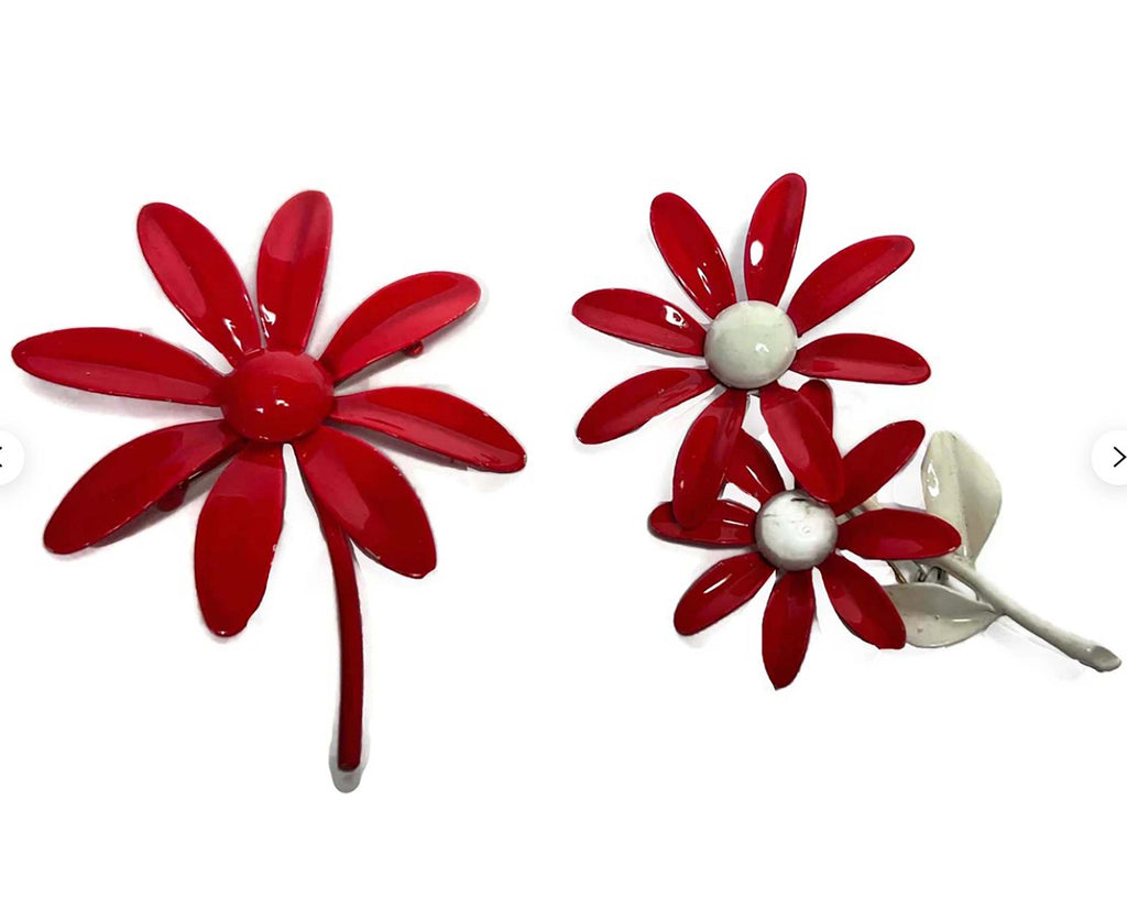 Vintage Enamel Red and White Flower Pins - Vintage Lane Jewelry