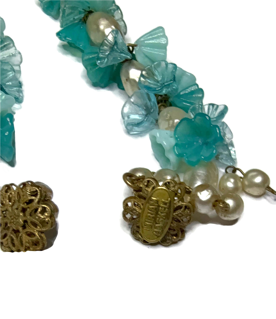 Miriam Haskell Baroque Glass Pearl and Teal Glass Flower Necklace - Vintage Lane Jewelry