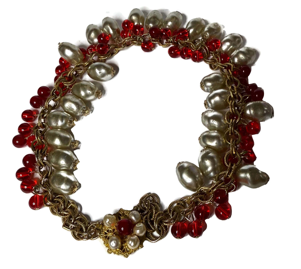 Miriam Haskell Stunning Baroque Glass Pearl Red Beaded Necklace