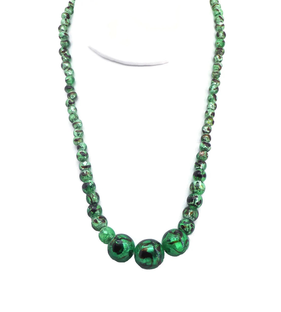 Vintage Green and Black Beaded Foil Necklace - Vintage Lane Jewelry