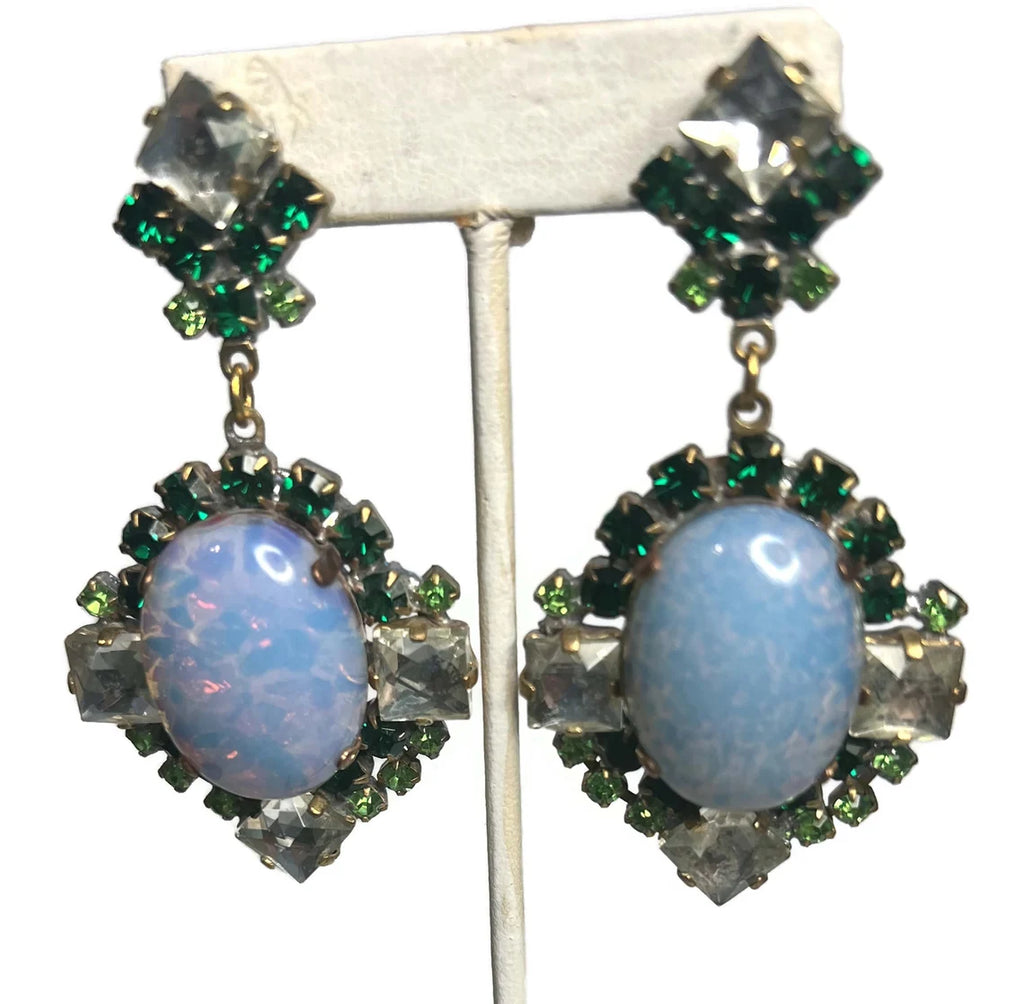 Czech Glass Husar D Opalescent Rhinestone Earrings - Vintage Lane Jewelry