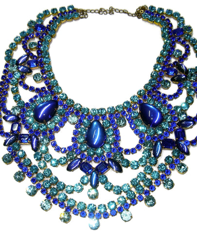 Husar D. Blue Czech Glass Bib Style Collar Necklace, Statement Necklace