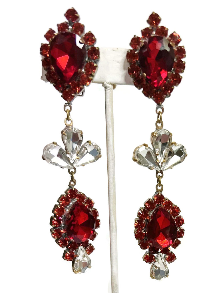 Czech Glass Husar D Long Red and Clear Clip Earrings - Vintage Lane Jewelry