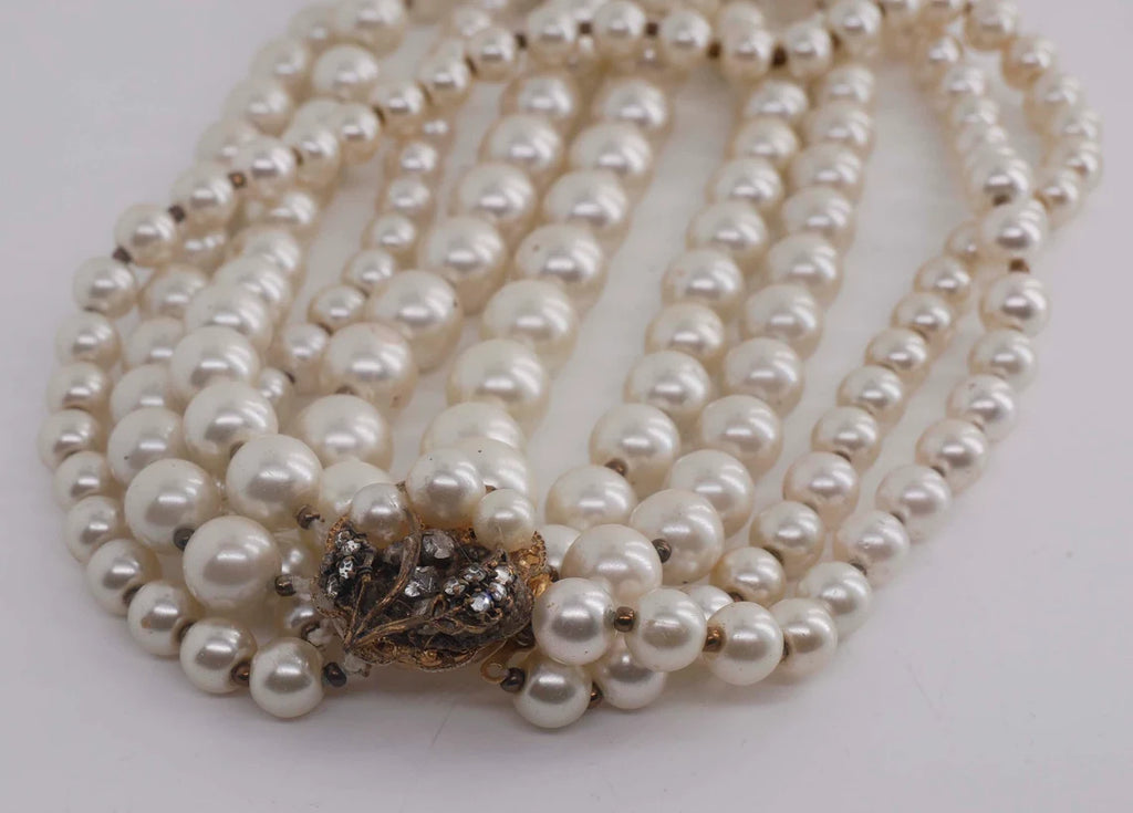 Miriam Haskell 5 Strand Glass Pearl Necklace - Vintage Lane Jewelry