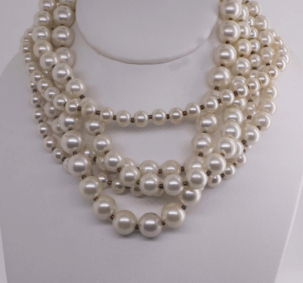 Miriam Haskell 5 Strand Glass Pearl Necklace - Vintage Lane Jewelry