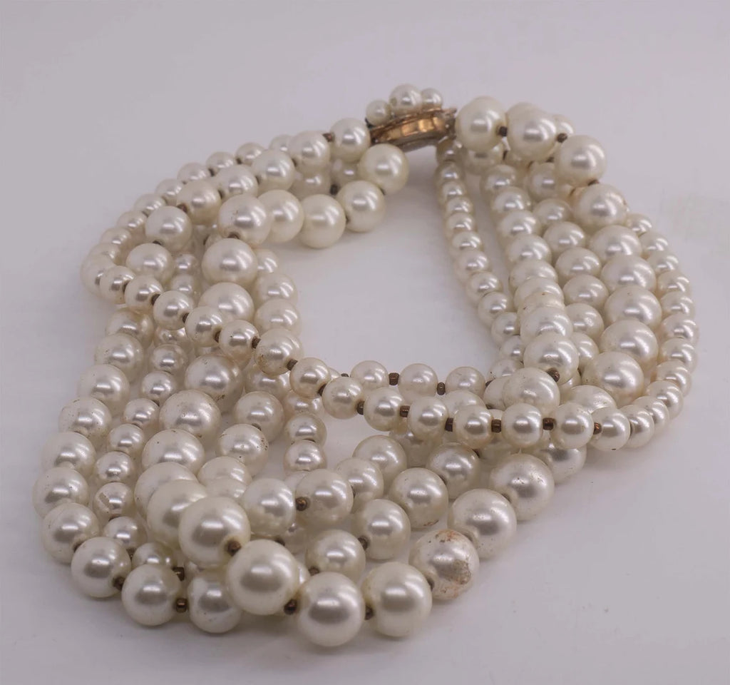 Miriam Haskell 5 Strand Glass Pearl Necklace - Vintage Lane Jewelry