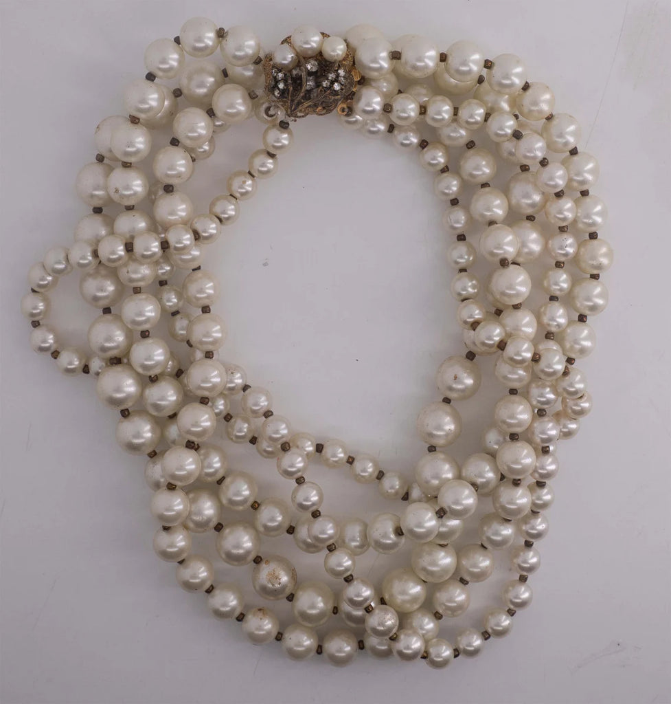 Miriam Haskell 5 Strand Glass Pearl Necklace - Vintage Lane Jewelry