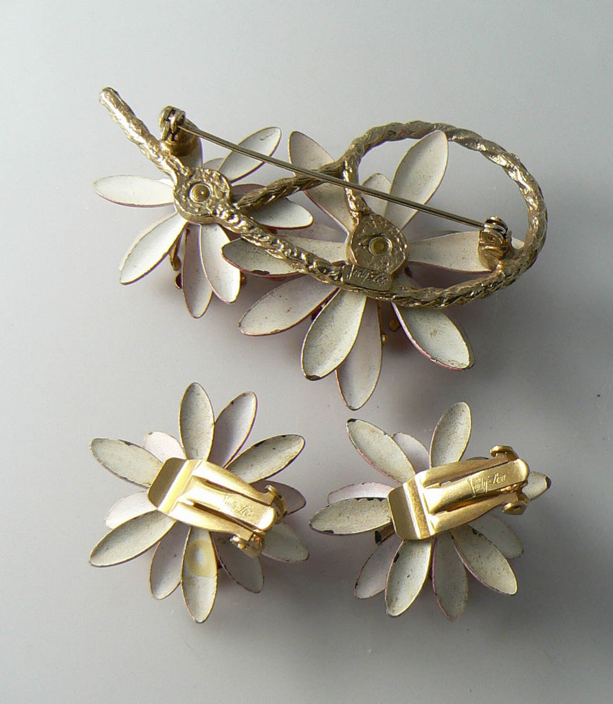 Judy Lee enamel and faux pearl red flower demi parure - Vintage Lane Jewelry