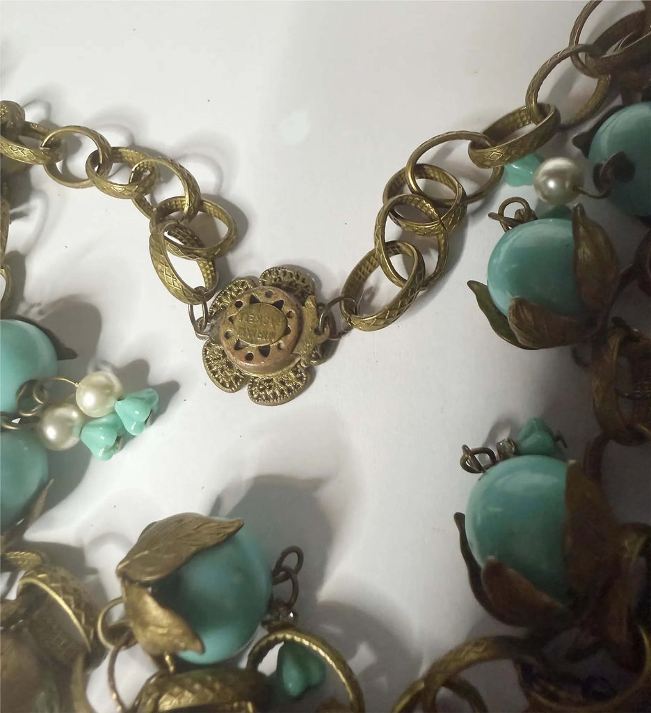 Miriam Haskell Gold Leaf and Turquoise Beaded Necklace