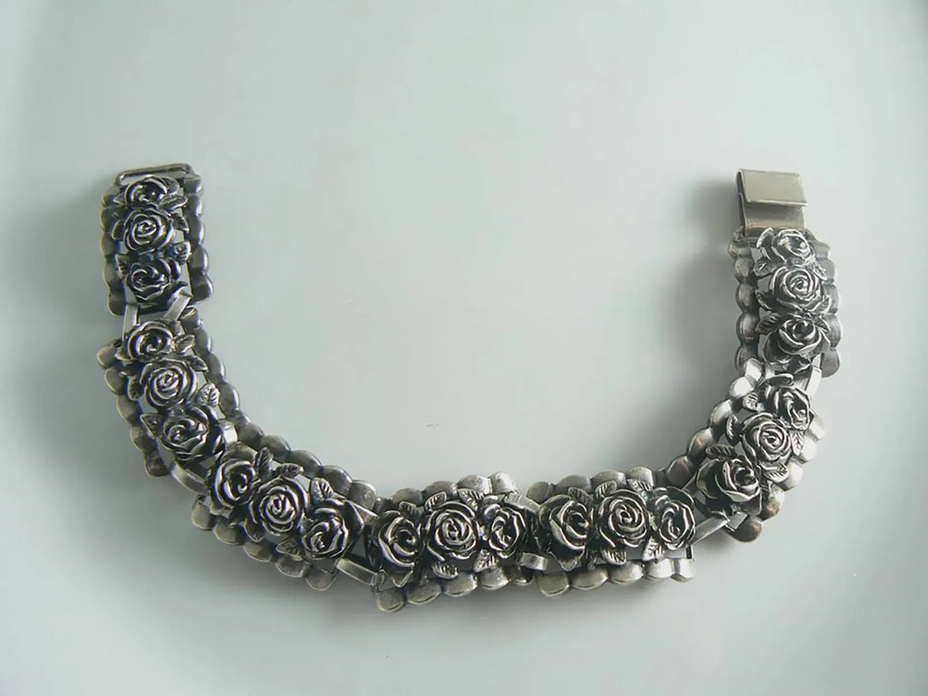 Gorgeous Sterling Silver Flower Art Deco Bracelet - Vintage Lane Jewelry