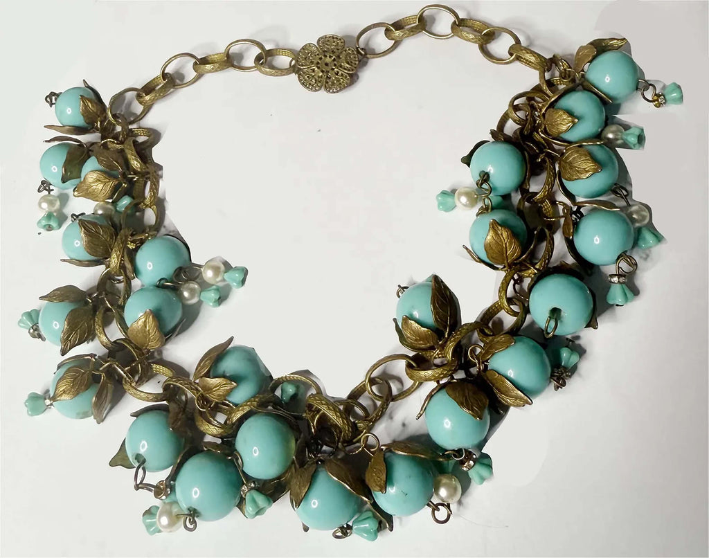 Miriam Haskell Gold Leaf and Turquoise Beaded Necklace