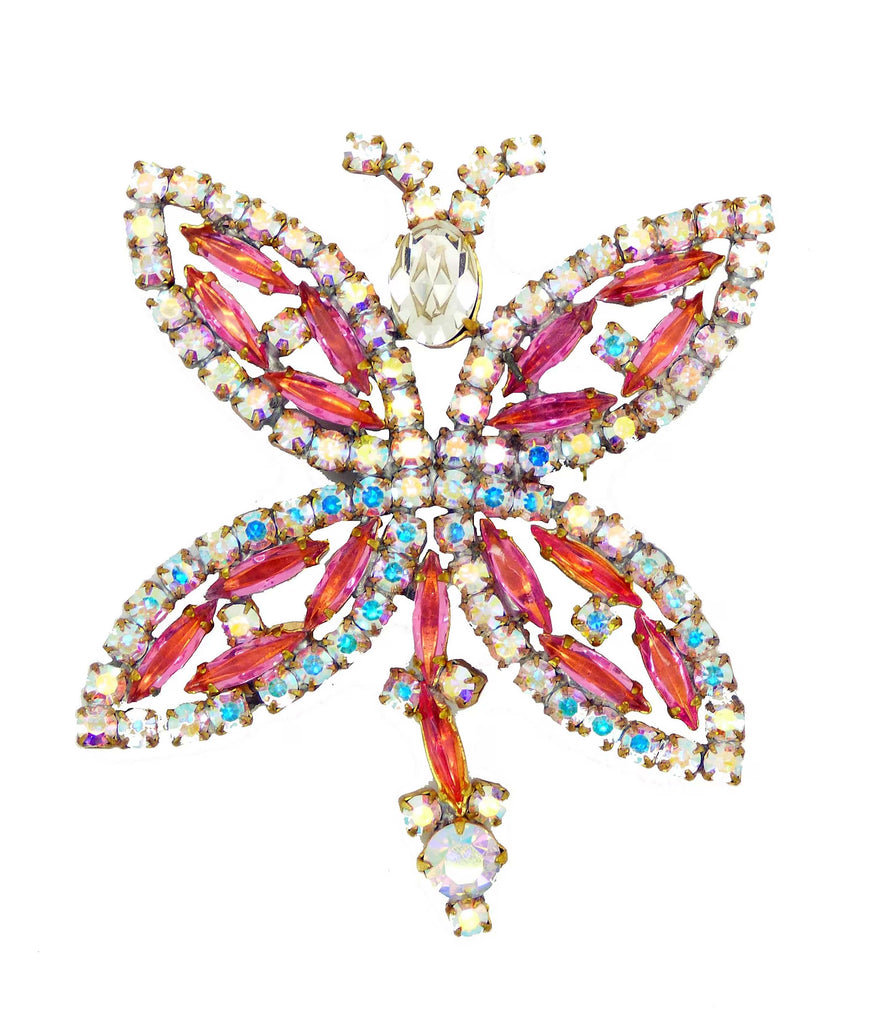 Czech Glass Bijoux MG Pink AB Rhinestone Dragonfly Pin Brooch