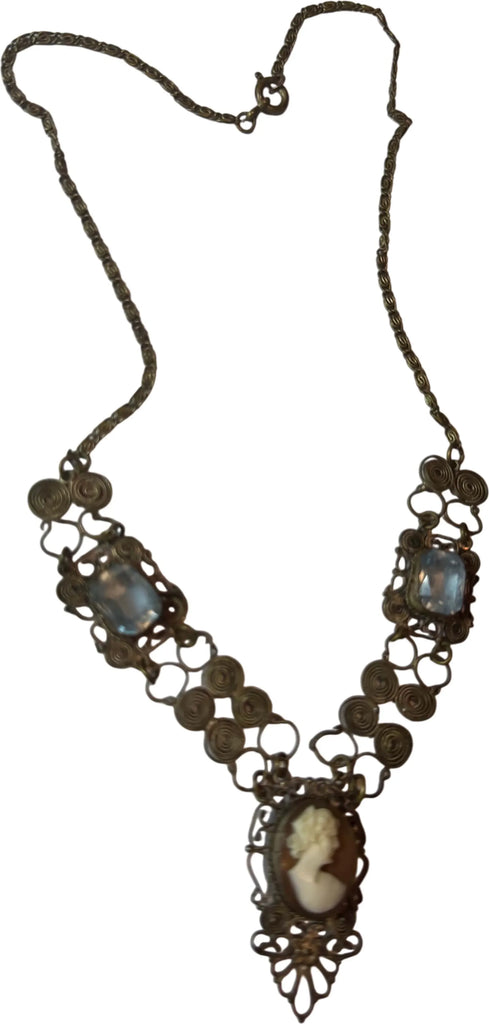 Beautiful old silver filigree carved shell cameo necklace - Vintage Lane Jewelry
