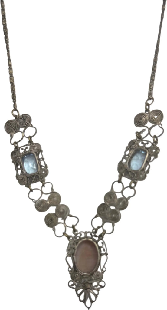 Beautiful old silver filigree carved shell cameo necklace - Vintage Lane Jewelry