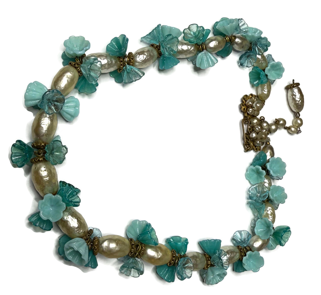 Miriam Haskell Baroque Glass Pearl and Teal Glass Flower Necklace - Vintage Lane Jewelry
