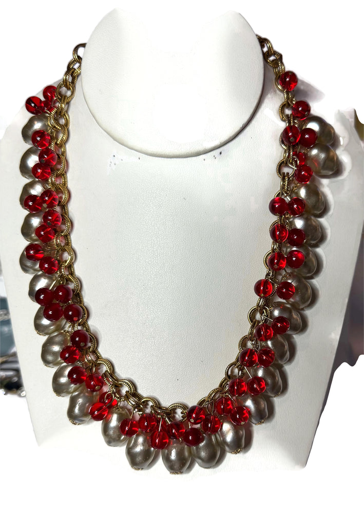 Miriam Haskell Stunning Baroque Glass Pearl Red Beaded Necklace