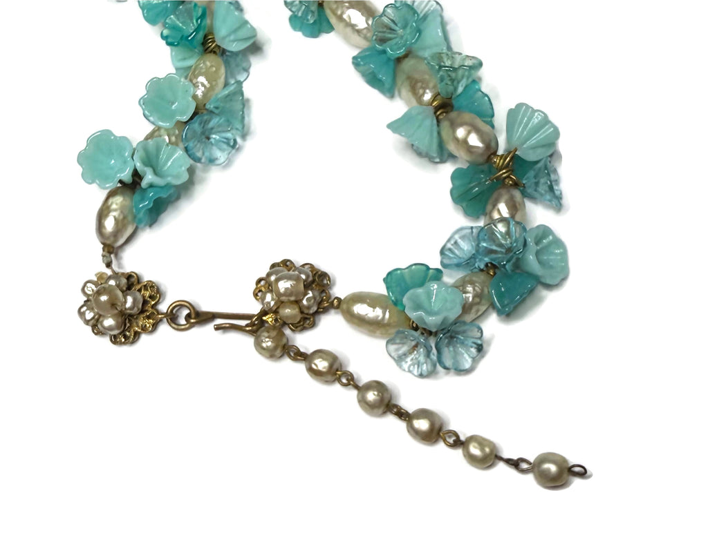 Miriam Haskell Baroque Glass Pearl and Teal Glass Flower Necklace - Vintage Lane Jewelry