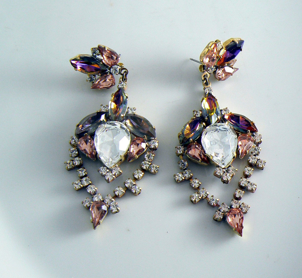 Czech Glass Peach Rhinestone Pierced Style Earrings - Vintage Lane Jewelry