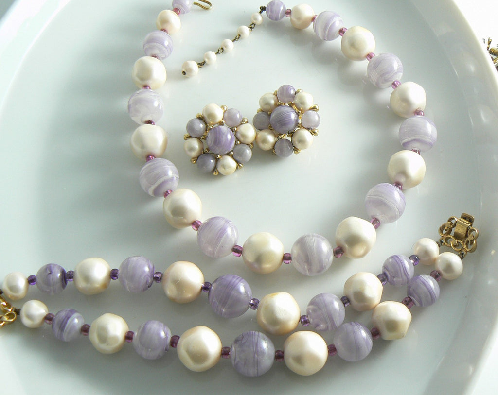 Marvella Lavender And Faux Pearl Bead Necklace Bracelet Set - Vintage Lane Jewelry
