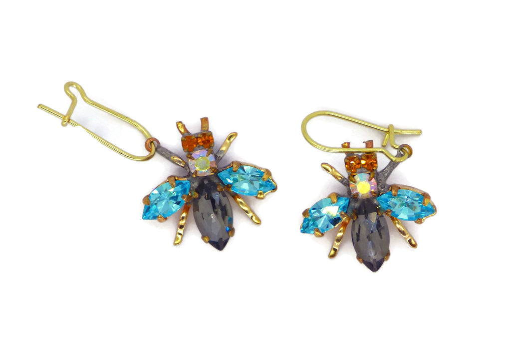 Czech Glass Rhinestone Fly Earrings Gray Body and Blue Wings, Pierced Style Earrings. - Vintage Lane Jewelry